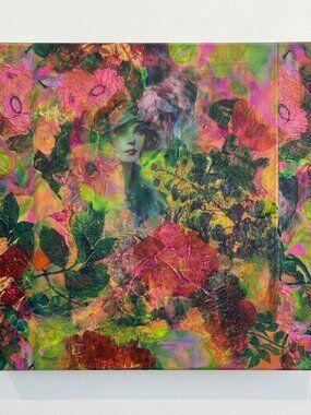 12x12in Vibrant mixed media artwork is created on a square stretched canvas. Thi